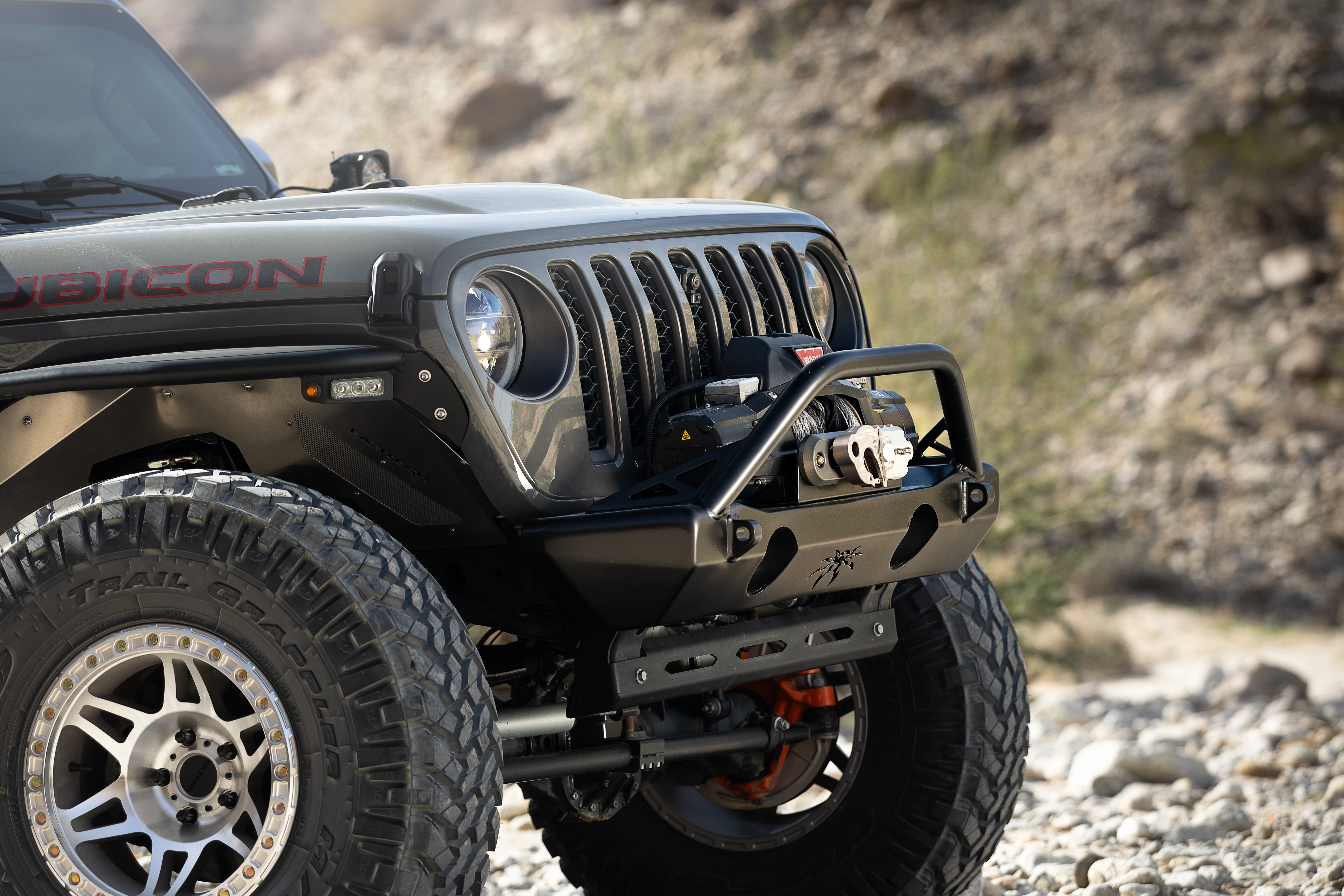Poison Spyder Nightshade JL Wrangler front end with WARN winch and Factor 55 recovery hardware